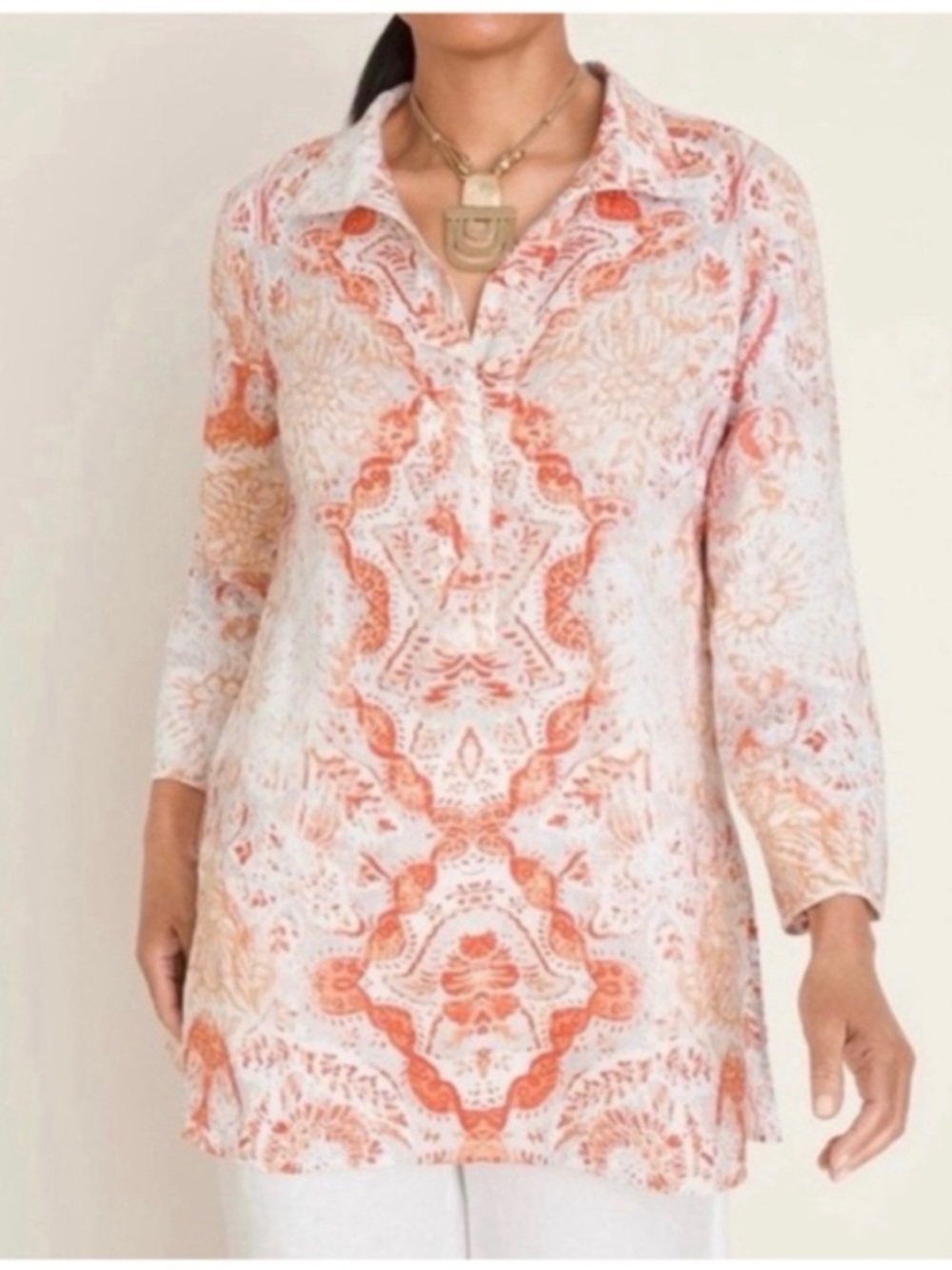Chico's Medallion Print 100% Linen Popover Tunic Summer Top Size 1 / Medium